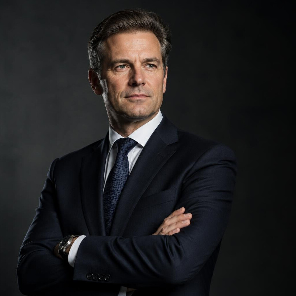 Portrait of a Belgian business executive in a dark suit