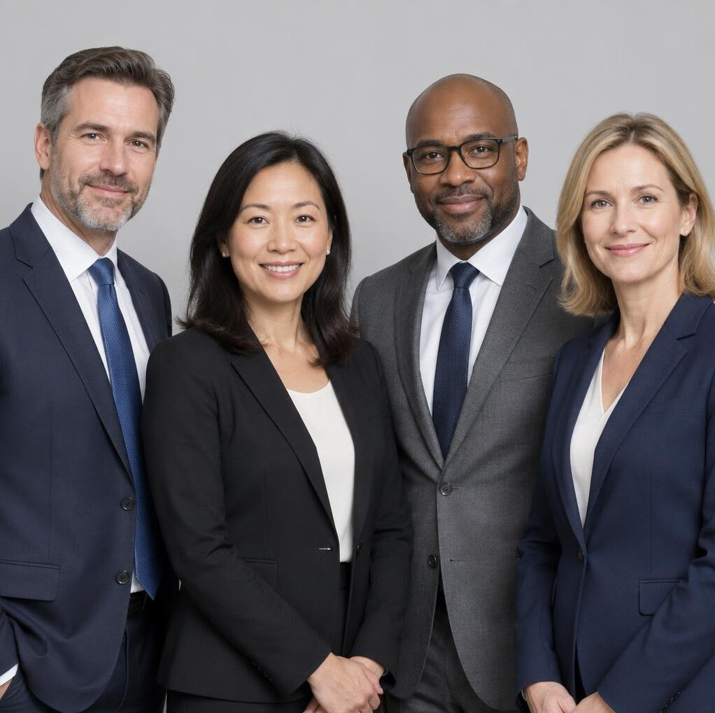 Group of four business professionals standing together